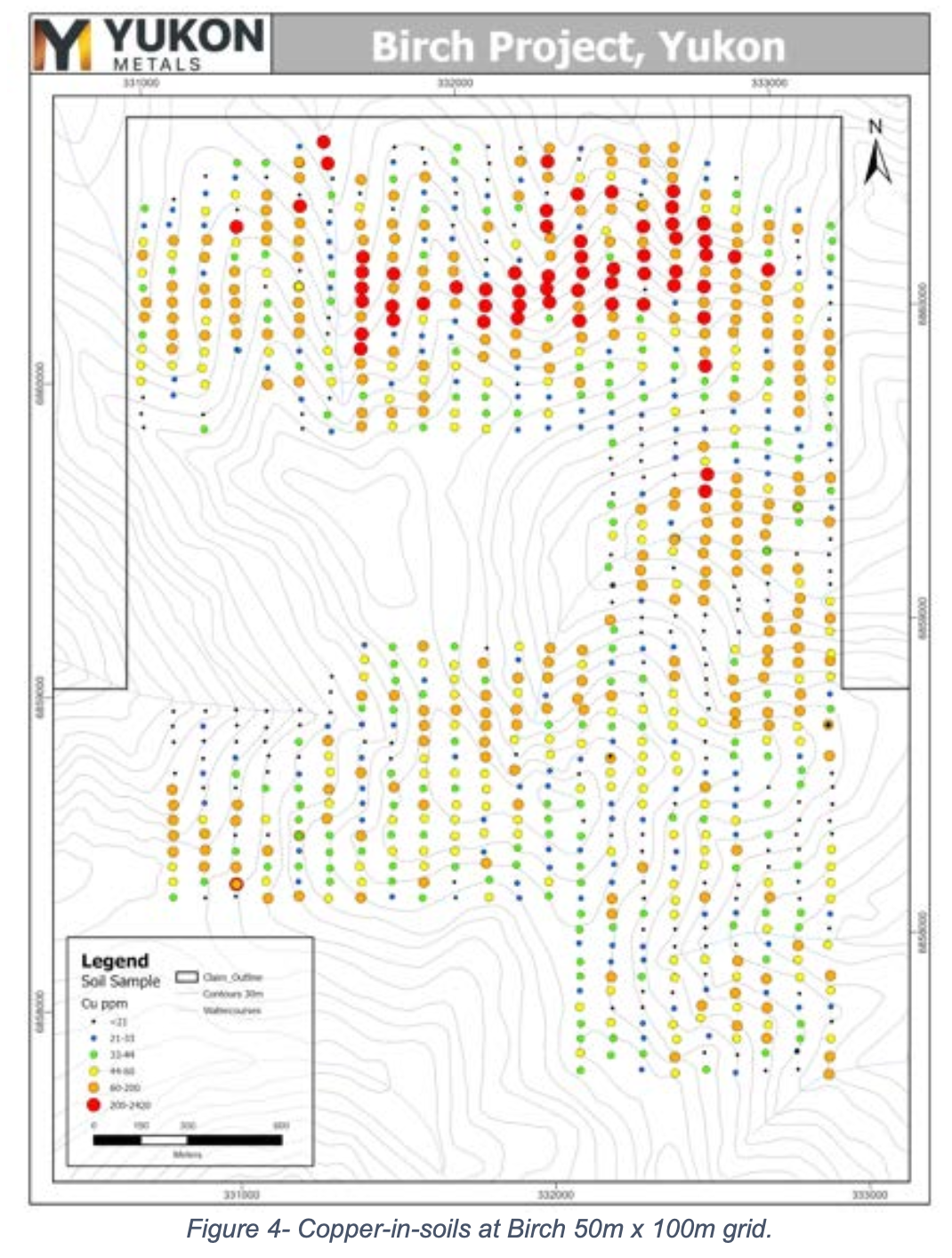Copper-in-soils at Birch 50m x 100m grid.