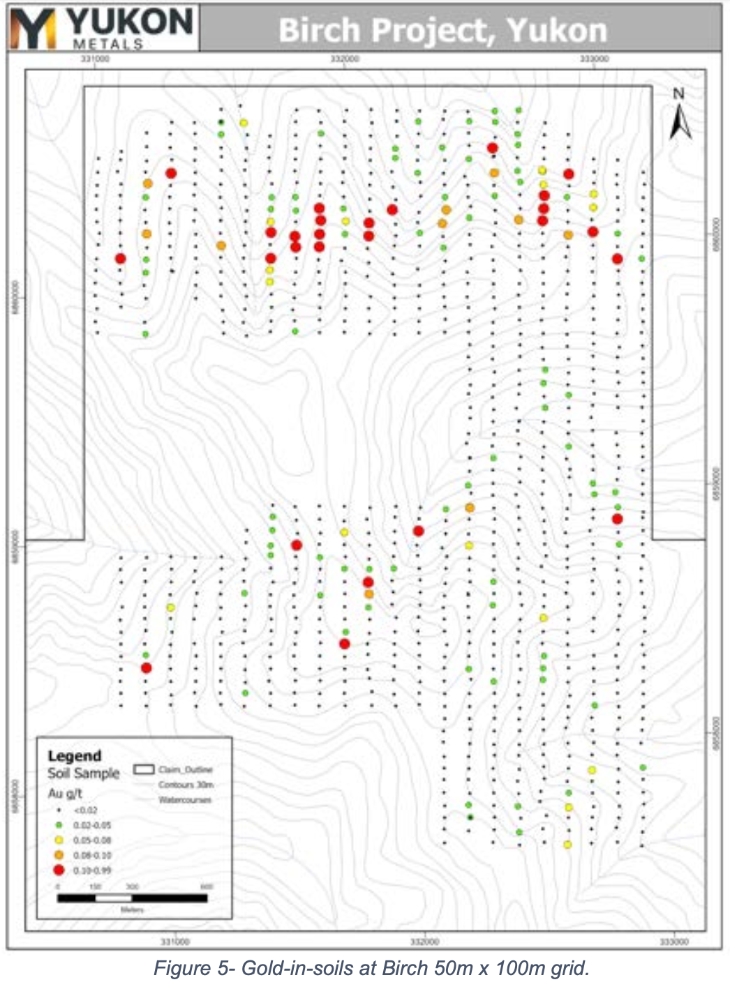 Gold-in-soils at Birch 50m x 100m grid.