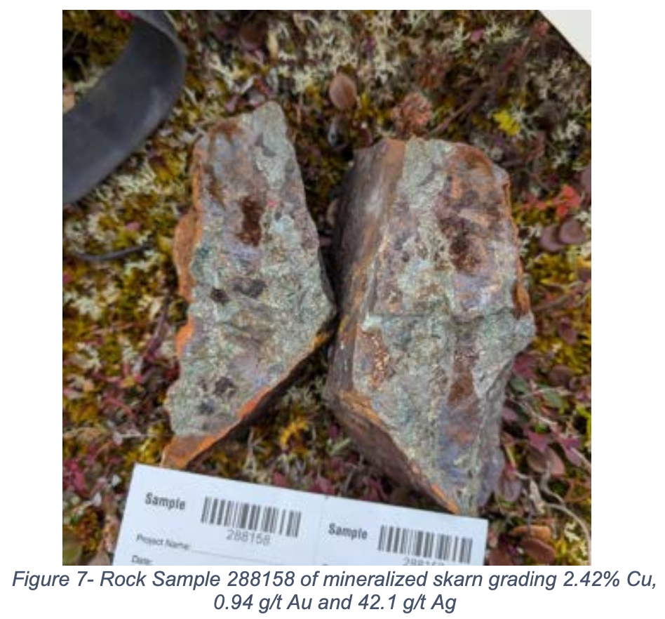 Rock Sample 288158 of mineralized skarn grading 2.42% Cu,                    0.94 g/t Au and 42.1 g/t Ag