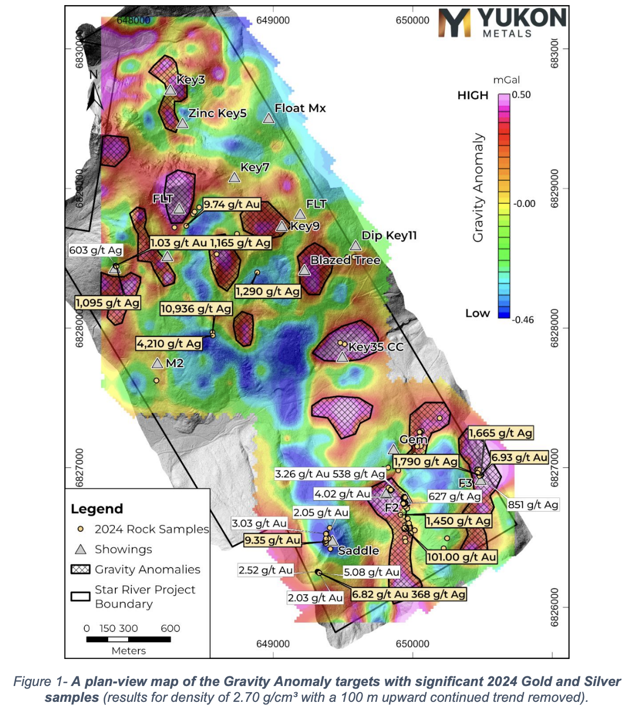A plan-view map of the Gravity Anomaly targets with significant 2024 Gold and Silver samples (results for density of 2.70 g/cm³ with a 100 m upward continued trend removed)