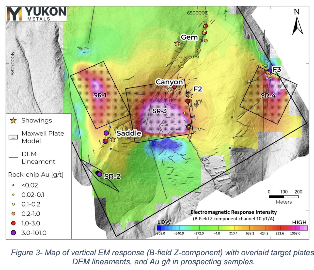 Map of vertical EM response (B-field Z-component) with overlaid target plates, DEM lineaments, and Au g/t in prospecting samples
