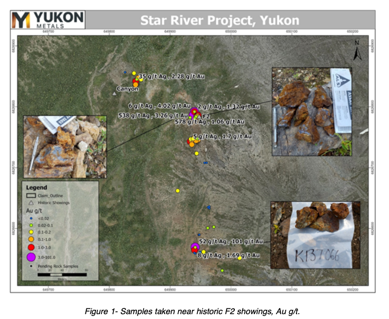 Samples taken near historic F2 showings, Au g/t.