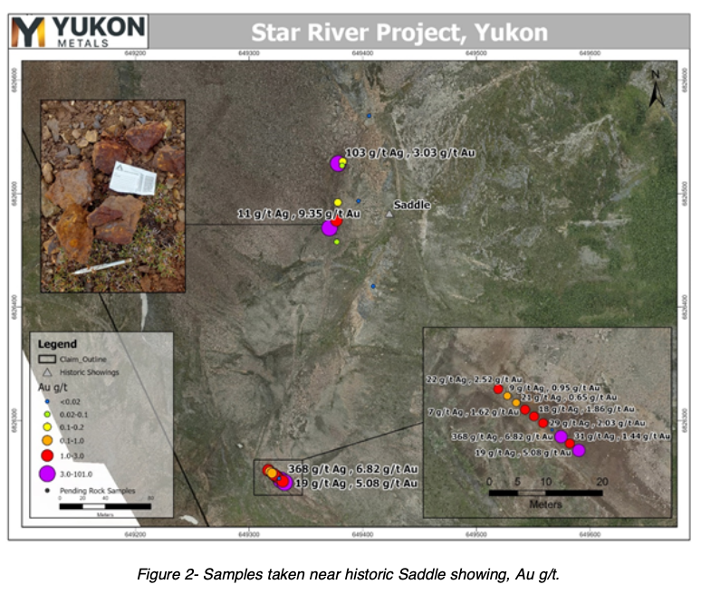 Samples taken near historic Saddle showing, Au g/t.