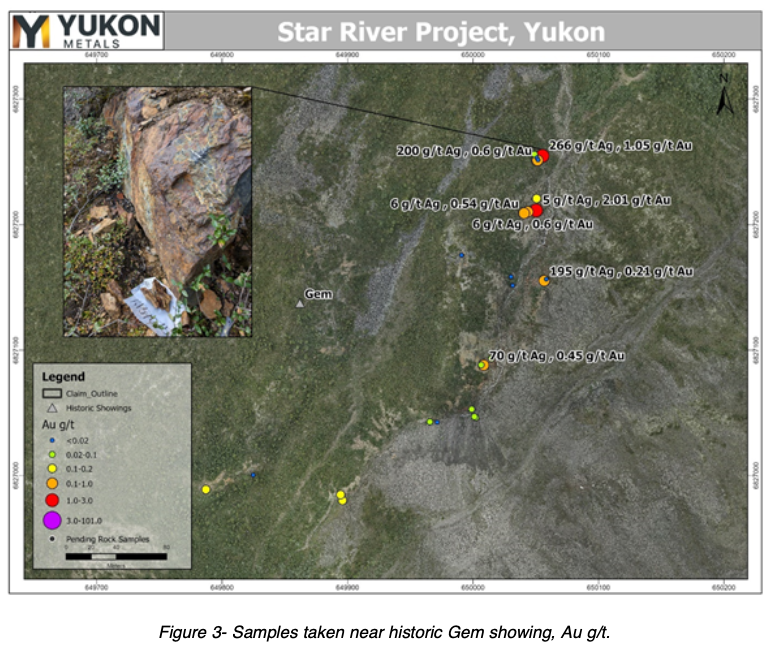 Samples taken near historic Gem showing, Au g/t.