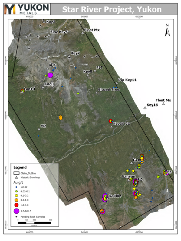 Locations of 2024 rock samples received to date with Au g/t values.